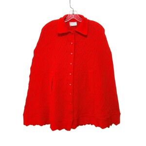Vintage British Vogue Wintuk Red Knit Cape Button Front Scalloped Hem One Size